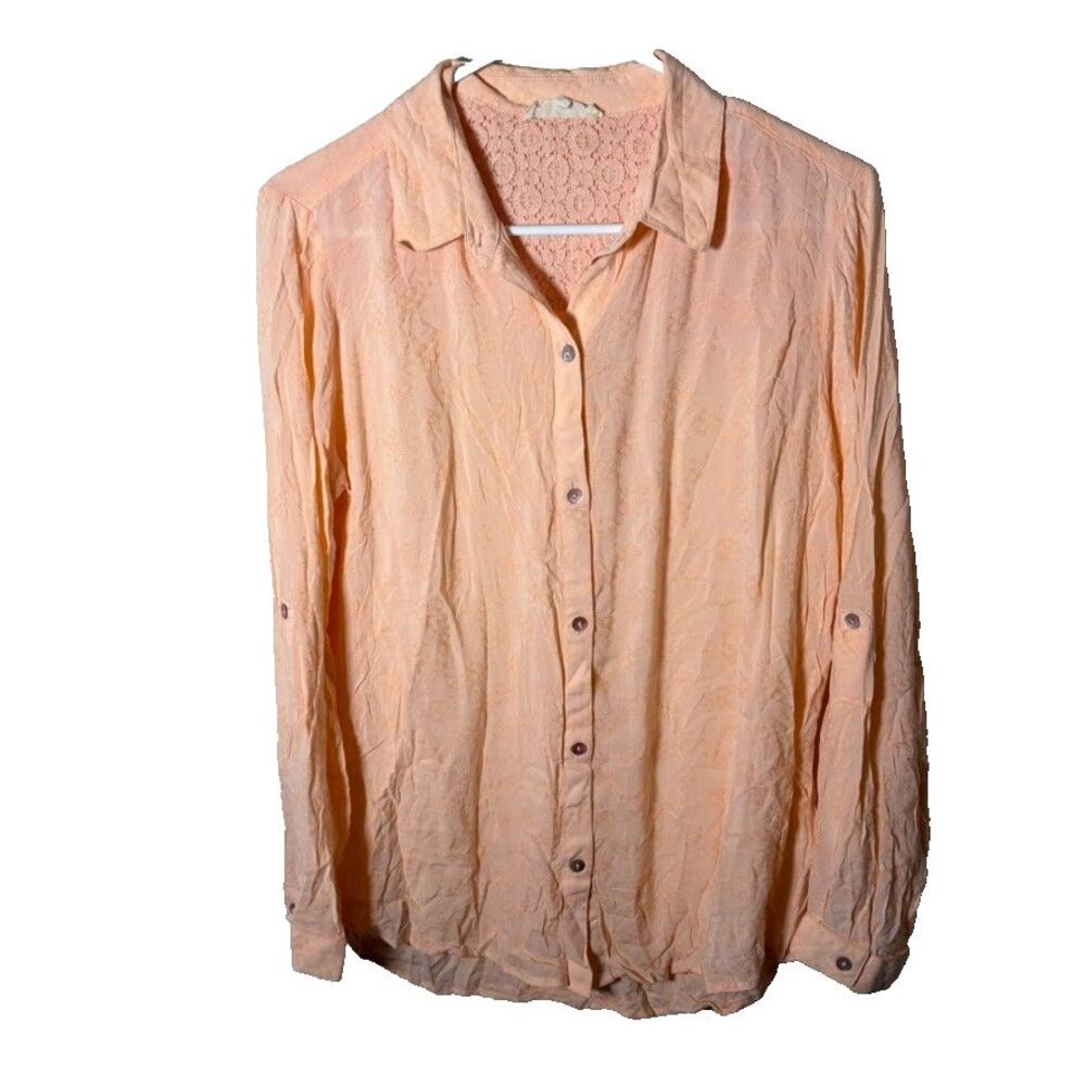 Dept 222 Blouse Women's Large Peach Button Up Long Sleeve Collared Top Shirt